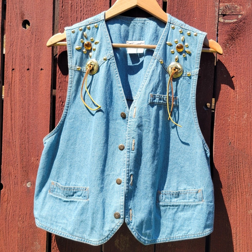 VTG Dreams Denim Vest Sz S Embellished Studded Concho Western Boho Cowgirl